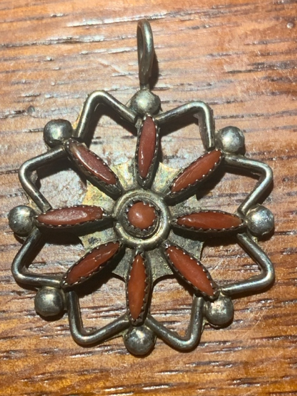 Vintage Zuni Sterling Red Coral Petit Point Cluster Pendant